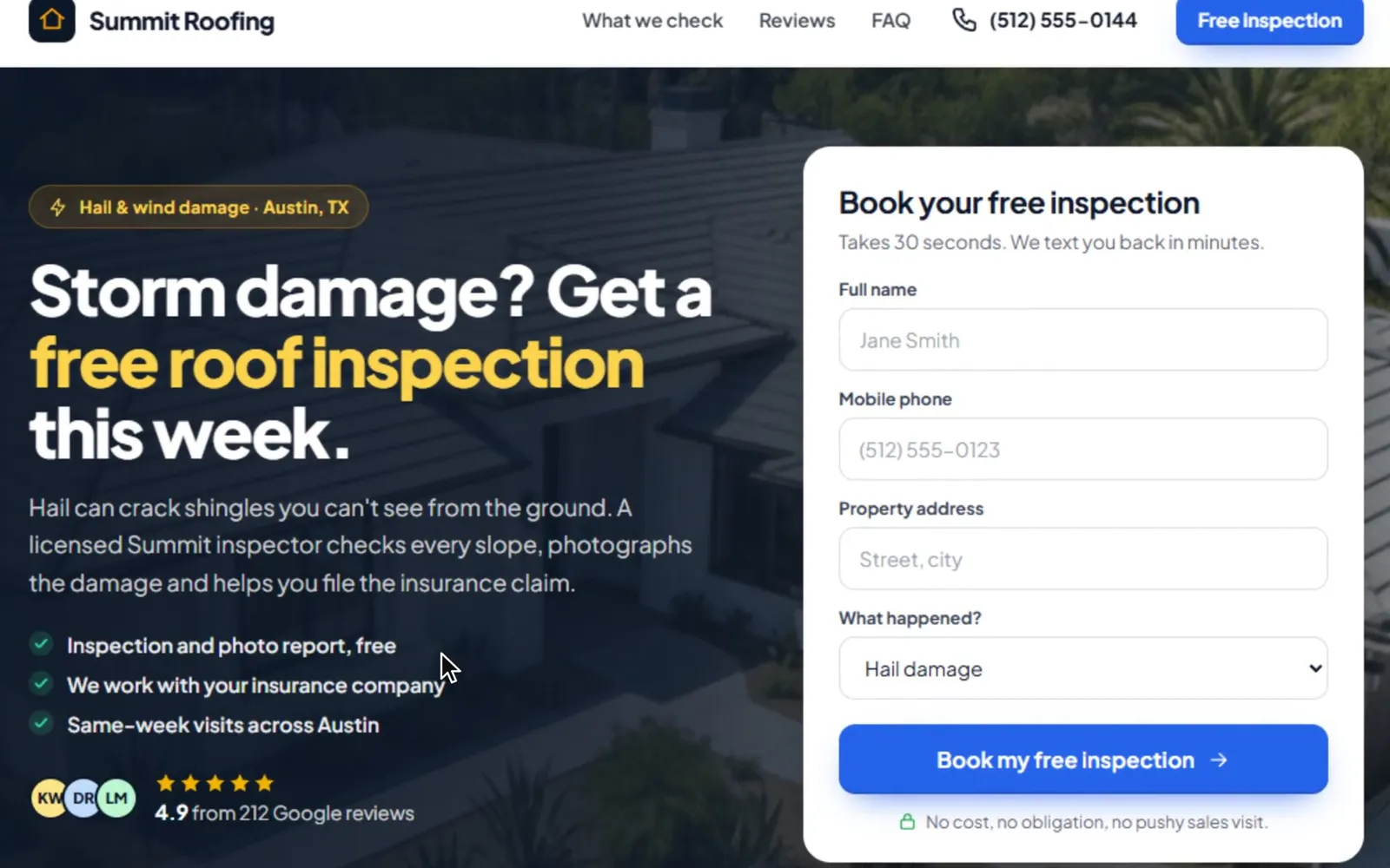 A roofer asks for a free roof inspection page for Austin with a storm damage angle, watches it build section by section, has the button turned orange, publishes it on go.summitroofing.com, and the page's first lead lands in the CRM inbox with an AI text already sent.